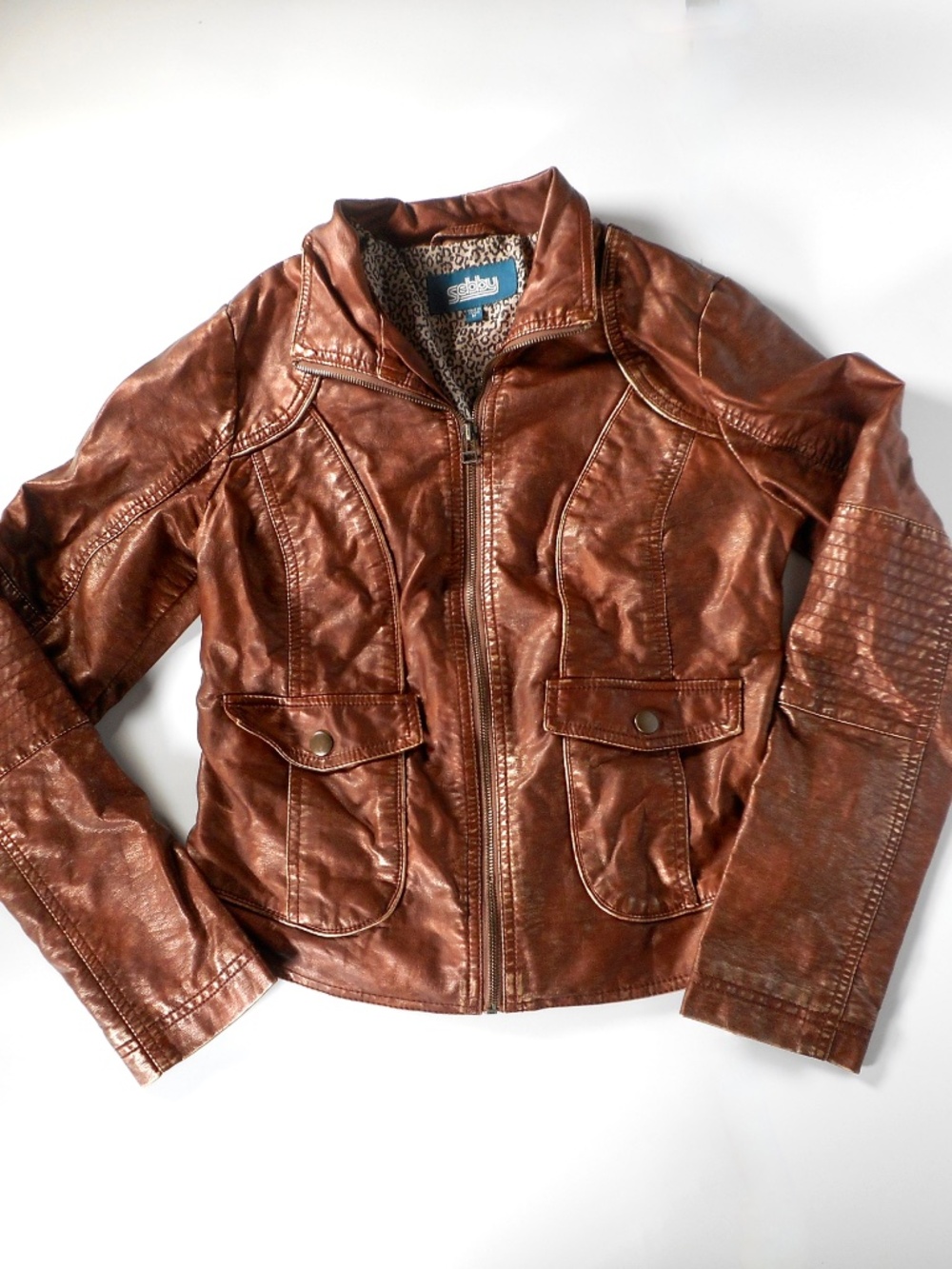 Sebby Collection Womens M Faux Leather Copper Moto Jacket Gold Brown Zip Bomber